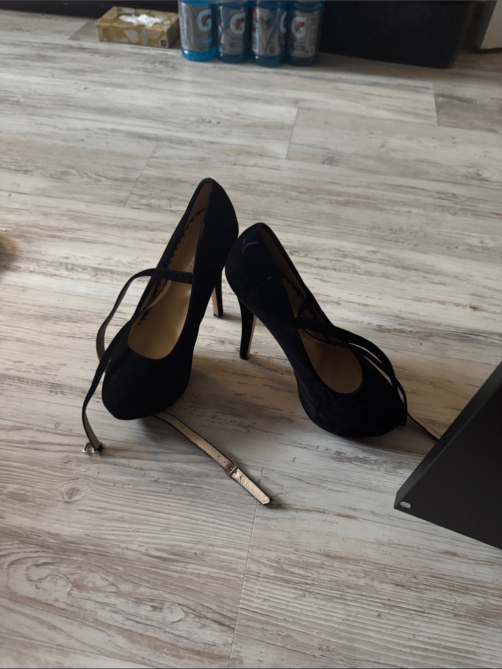 Black Suede High Heel Pumps with Ankle Straps - Women's